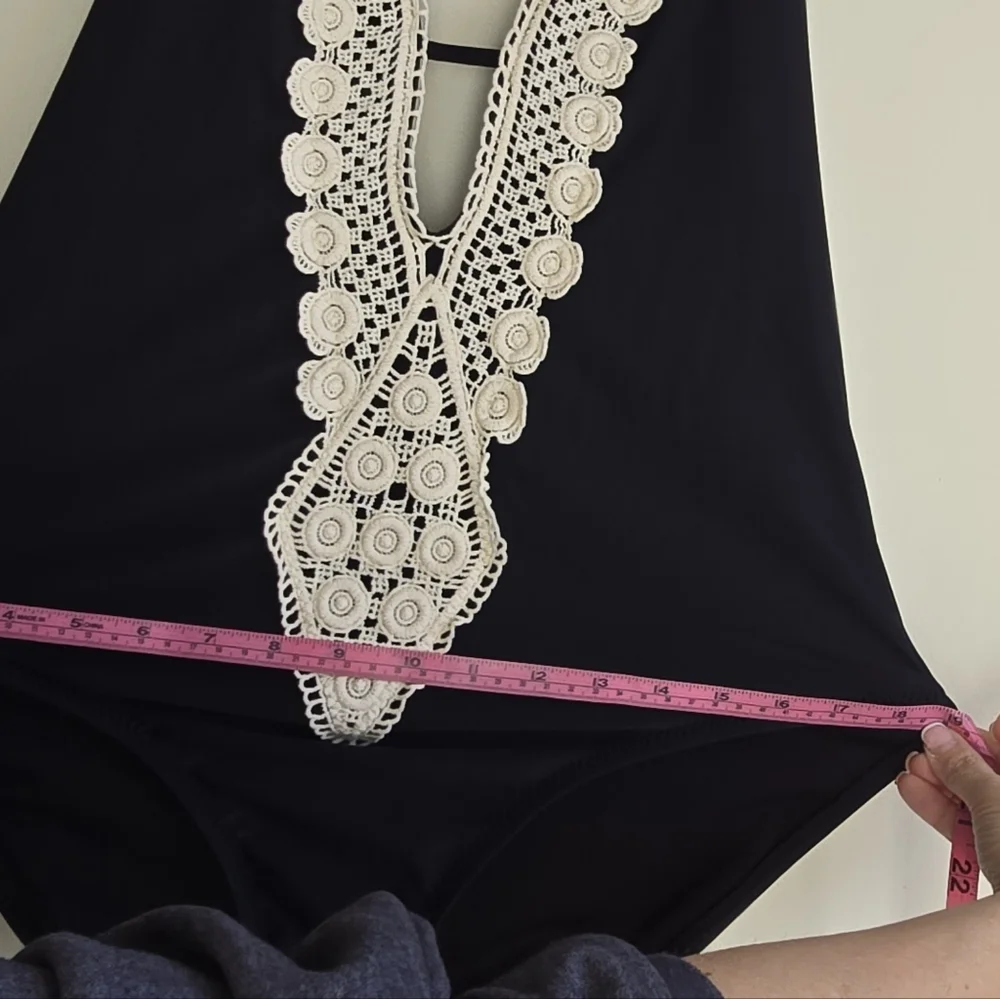 Black One-Piece Swimsuit with Cream Crochet Trim